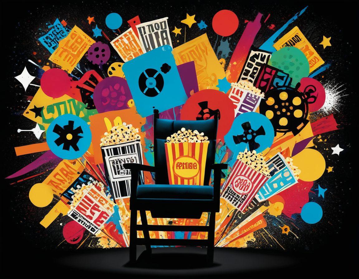 A mesmerizing collage of iconic film reels, with a vibrant pop of color illuminating a cinema screen. Include silhouettes of a diverse audience captivated by the film, surrounded by floating reviews and evaluations depicted as colorful speech bubbles. Add film-related elements like popcorn, a director's chair, and classic film posters in the background. surreal and vivid. colorful details.