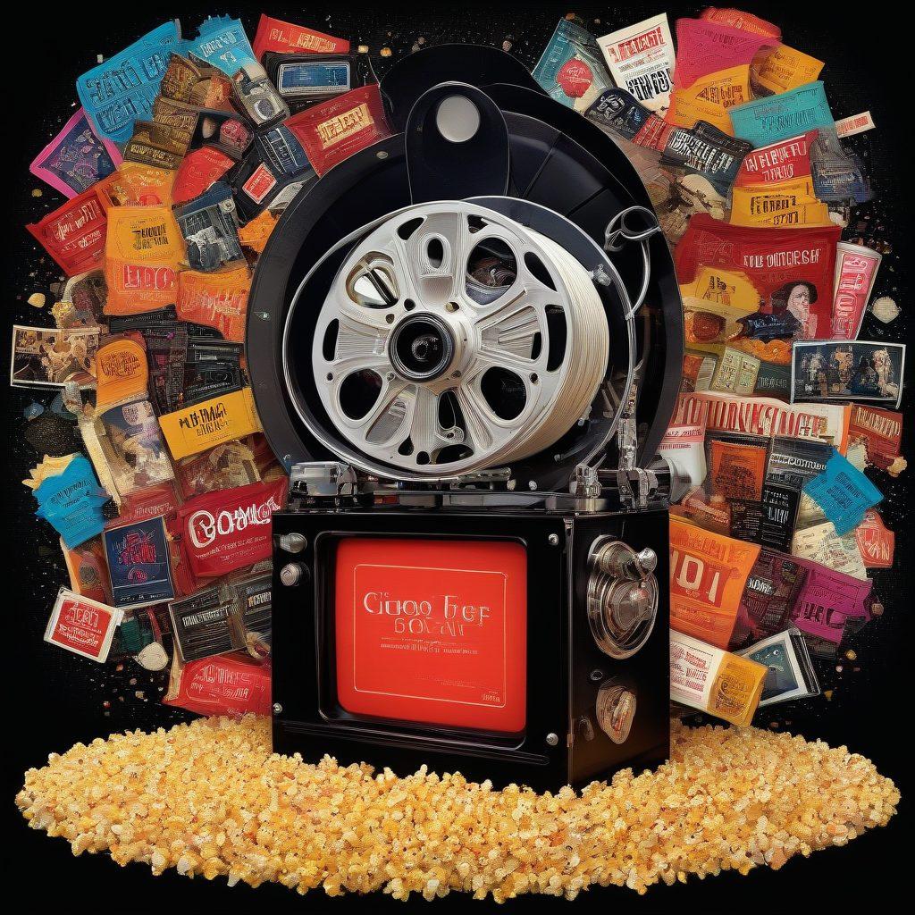 A cinematic collage featuring iconic scenes from various movie genres like action, romance, and horror, interspersed with film reels and popcorn. Above, a thought bubble containing vibrant speech quotes from movie critics and enthusiasts discussing their favorite films. The background should be a darkened theater with a spotlight shining down on an old-fashioned film projector. super-realistic. vibrant colors. 3D.
