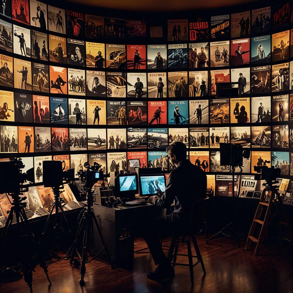 A cinematic scene showcasing a director behind a camera, surrounded by vibrant film reels, storyboards, and clapperboards. In the background, a wall filled with movie posters, hinting at various film genres. The atmosphere should be filled with creativity and inspiration, with warm lights casting dramatic shadows. A film set bustling with crew members adds dynamic energy to the image. super-realistic. vibrant colors. 3D.